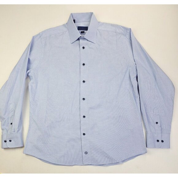 David Donahue Size 17 34-35 Trim Mens Blue Spread Collar Long Sleeve Logo Shirt - Picture 1 of 11